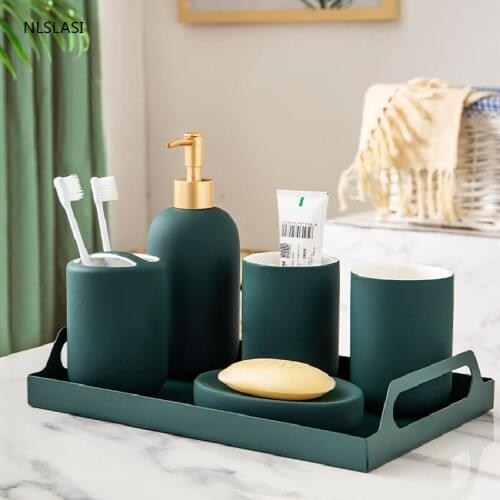 Simplicity Matte Five Piece Set Ceramic Home Hotel Bathroom Set Accessories Soap Dispenser Mouth Cup Lotion Bottle Supplies