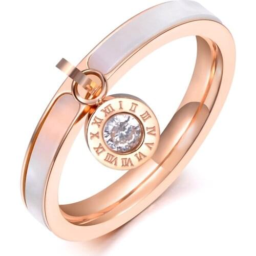 Vintage Ethnic Design Rose Gold CZ Crystal Rhinestone Titanium Steel White Shell Wedding Rings For Women Gifts кольца R19064