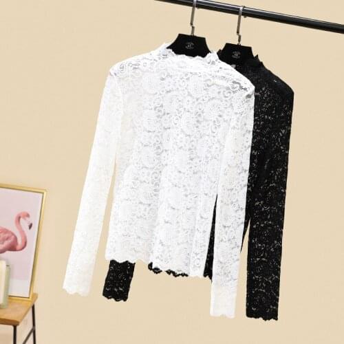 Plus size 3XL Winter Women Lace See-through Tees Thin Turtleneck Basic Clothes Warm Tops Sexy Hollow Inner Long Sleeve T-shirt