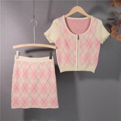 Zoki Argyle Plaid Women Knit 2 Piece Set Summer Casual Cardigan Crop Tops Cute Pink Summer High Waist Elastic Mini Skirt Suits