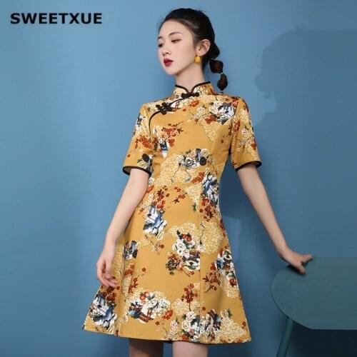 SWEETXUE 2020 Summer Cheongsam Modern Girl Chinese Style Retro Sexy Short Section Trend Flower Printing Casual Fashion Dresses