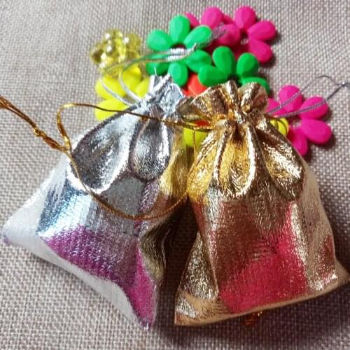 100pcs Gold Silver Drawstring Packaging Display Bags Metallic Foil Organza Fabric Bag Pouches Christmas Wedding Party Gift Bags