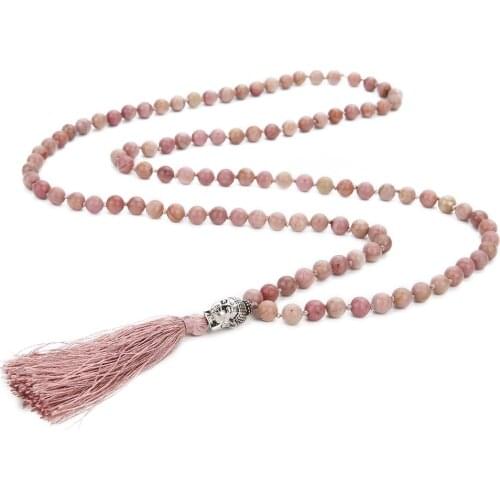 108 Mala Rhodolite Beaded Hand-Knotted Buddha Head Pendant Long Tassel Meditation Blessing Yoga Amulet Lucky Jewelry Necklace