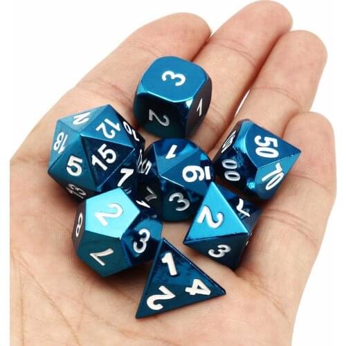 7Pcs Zinc Alloy Polyhedral Blue Dices Kit Entertainment Dice Prop For DND RPG MTG Outdoor Gathering Poker Funny Games Toys