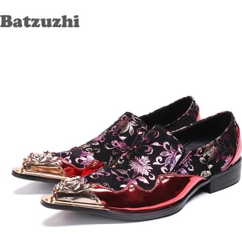 Batzuzhi Japanese Style Fashion Men Shoes Iron Pointed Toe Red Leather Men Wedding Shoes Rock Party and Runway Dress Shoes Men