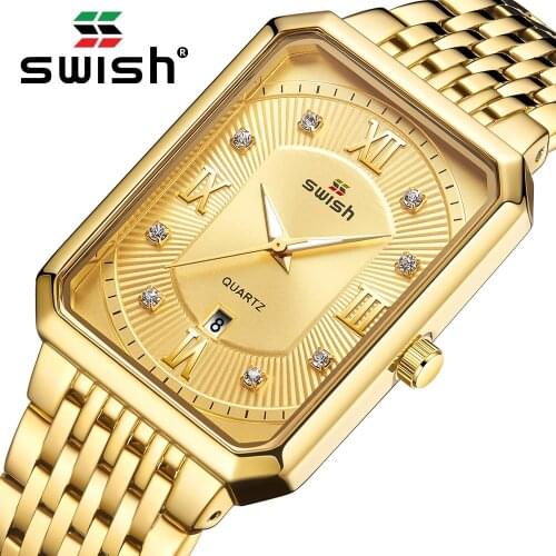 SWISH Brand Luxury Gold Watch Men Japan Quartz Slim Steel Mesh Waterproof Sports Automatic Date Wrist Watches Relogio Masculino