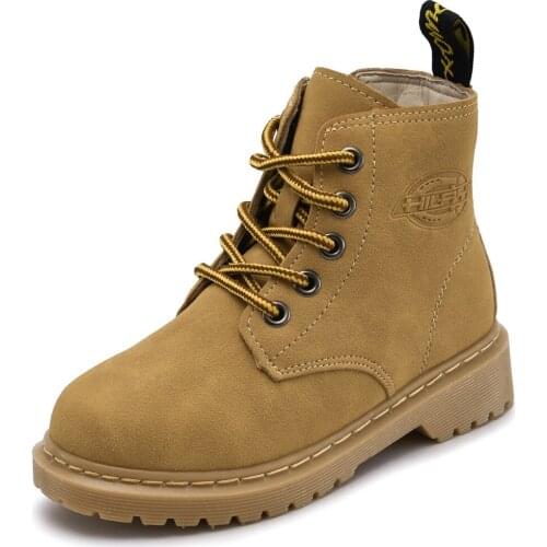 Kids Ankle Childrens Boots Matte Leather Retro Style Students Round Toe Martin Boots Lace-up Flat Shoes For Boy And Girl