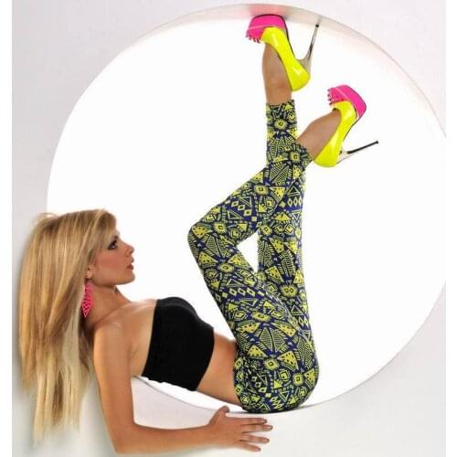 Fashion Stretchy Leggings Pants 3S8450 Blue Yellow Aztec Print Leggings Pattern Leggings