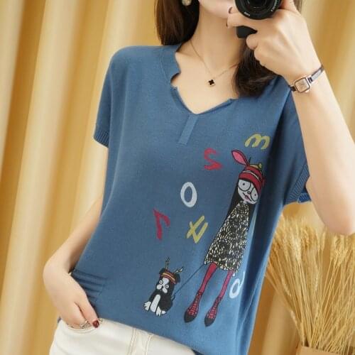 Pure cotton T-shirt 2021 summer new casual knitted sweater short-sleeved womens v-neck pullover plus size top tees