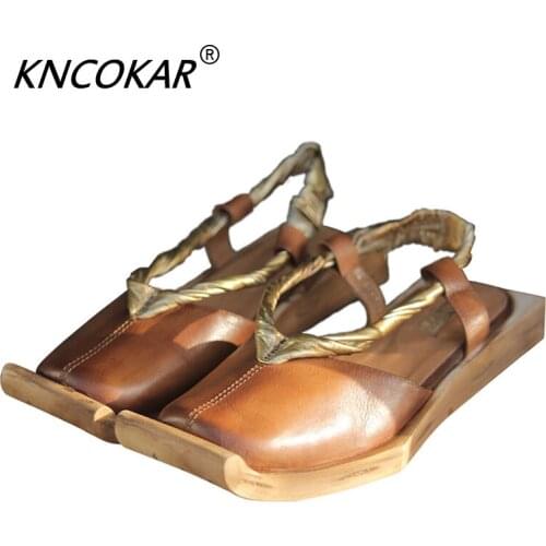 Creative Square Head Cowhide Womens Shoes Genuine Leather Slope Low Heel Bind Belt Leather woman sandals