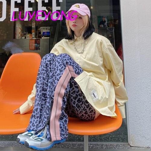 Korean Fashion Clothes Lady Leopard Patchwork Contrast Color Cute Elastic Waist Zippers Pant Y2k Girl Harajuku Wide Leg Pants