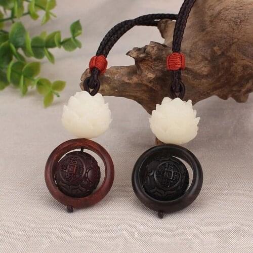 Ethnic Carved Bodhi Lotus Necklace Women Men Natural Ebony Wood Circle Pendant Necklace with Lucky Sign Transfer Beads Necklace