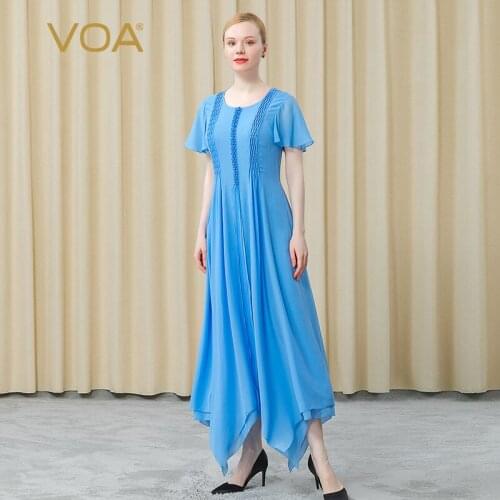 VOA Silk Georgette Sky Blue O-Neck Valentines Day Present Prom Dresses AE772 Irregular Hem Elegant Summer Womens Dress 2021
