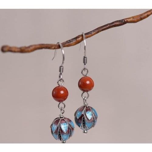 Cloisonne Earrings Womens S925 Sterling Silver Vintage Burnt Blue Lotus Bud Fashion Elegant Chinese Style South Red Earrings Ea
