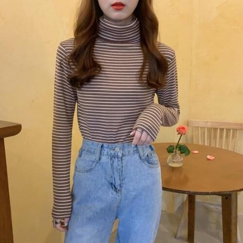 Spring Autumn Women Harajuku Striped Tshirt Long Sleeve Turtleneck T-Shirts ulzzang Korean Casual oversized T Shirt Femme Casual