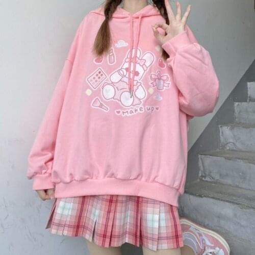 Cute Harajuku Pink Hoodie Sweatshirt Spring Teens Women Kawaii Loose Korean White Tops Hip Hop Pollover Oversized Hoodies Coats
