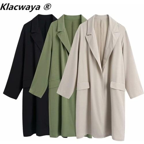 Klacwaya Women Fashion Verticality Loose Open Trench Coat Vintage Solid Color Long Sleeve Flap Pockets Female Chic Outerwear
