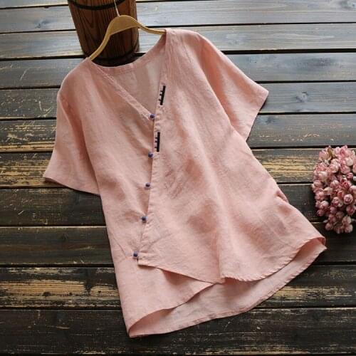 Vintage Women V-neck Short Sleeve Button Shirt Summer Cotton Linen Blouse New Summer Literary Women 2020