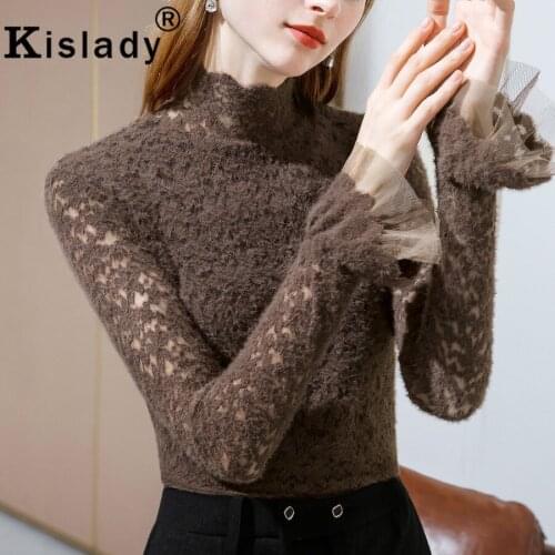 Kislady Transparent Lace Patchwork Tops Gothic Shirts Floral Hollow Out Turtleneck Sexy Shirts Fashion OL Flare Sleeve Clothes