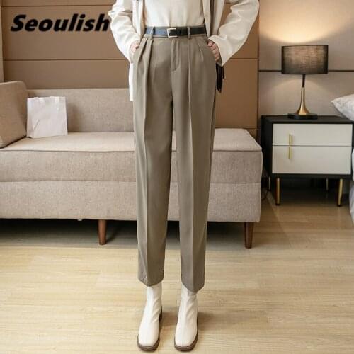 Seoulish 2021 New Formal Womens Harem Pants with Belt Spring Summer High Waist Female Workwear Elegant Ankle Length Trouses