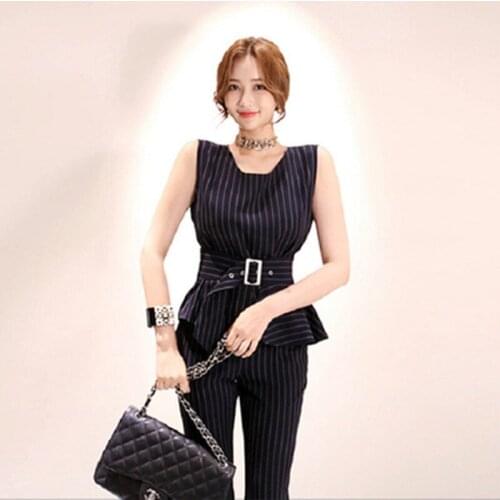 New Women Summer 2 Piece Set Elegant Sleeveless Belt Top +Female Fashion Long Pant Clothing Office Leisure Striped Sets