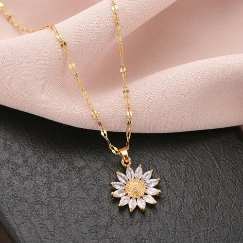 Gold Plated Sunflower Necklace for Women Jewelry Titanium Steel Zircon Big Pendant Necklace Luxury Choker Korea Style 2021