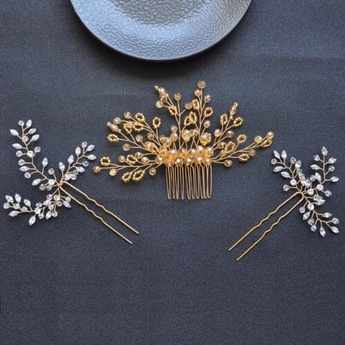 3PCS Gold Color Crystal Hair Combs and Pins Women Bridal Wedding Hair Jewelry Accessories Rhinestone Elegant Hair Ornament