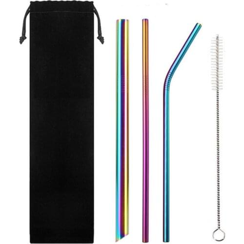 5pcs 304 Stainless Steel Pointy-End Straw Reusable Metal Drinking Straws Set with Brush & Bag For Home Party Bar Accessories