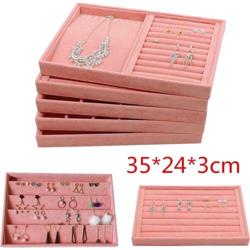 Pink Velvet Jewelry Ring Display Organizer Case Tray Holder Necklace Earrings Storage Box Showcase Jewelry Stand Holder Large