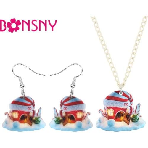 Bonsny Acrylic Christmas Anime Snow House Castle Jewelry Sets Necklace Earrings Decoration Jewelry For Women Girl Teen Kids Gift