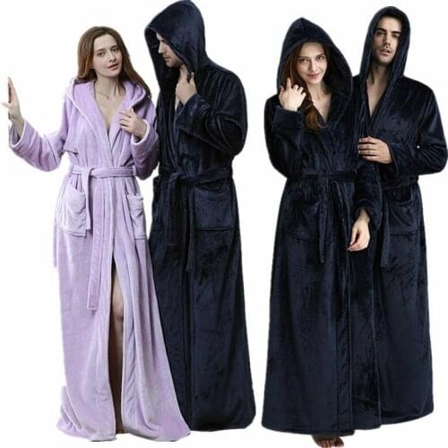 Mens Ladies Flannel Long Robe Hooded Bathrobe Towelling Bath Dressing Gown