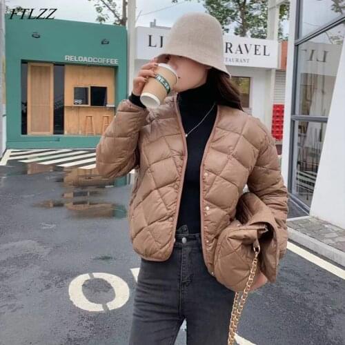 FTLZZ Winter V-neck Light Feather Jacket Women 90% Duck Down Short Coat Windproof Sleeve Thick Outwear with Fashion Chain Bag