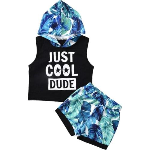 FOCUSNORM 0-12M Summer 2pcs Baby Boys Clothes Sets Letter Leaves Printed Sleeveless Hooded Tops Shorts