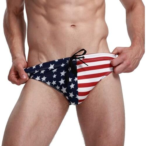Sexy Mens Swimwear USA Flag Printed Swimsuit Briefs Summer Lacing Waist Bathing Suit Board Beachwear Surfing Sports Underwear