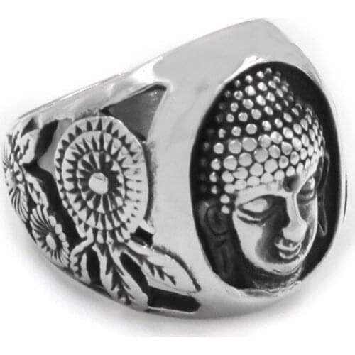 Mens Ring Stainless Steel Hot European and American Diamonds Thailand Retro Titanium Steel Casting Sakyamuni Buddha Fa