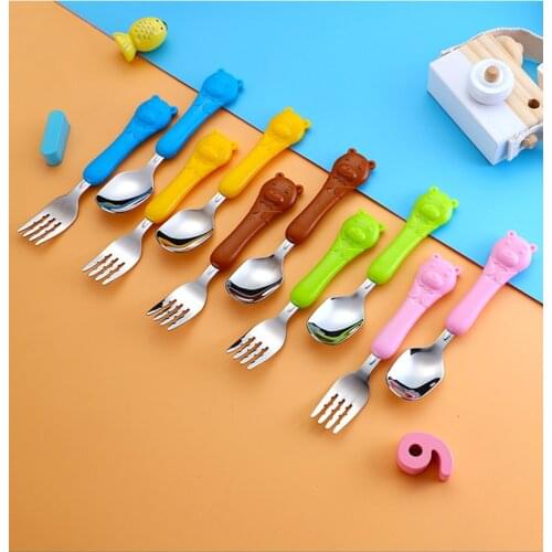 Spoon Fork Set Childrens Tableware Box Cute Bear Cartoon Suit 304 Stainless Steel ABS Gum Gift 0