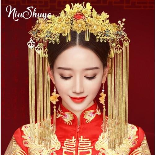 NiuShuya Chinese Traditional Bridal Headdress Gold Hairpins Long Tassel Blue/Red Butterfly Wedding Jewelry Hair Accessories
