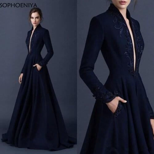 New arrival V Neck Long sleeve evening dresses 2021 Muslim evening dress Party robe de soiree Formal dress evening gown