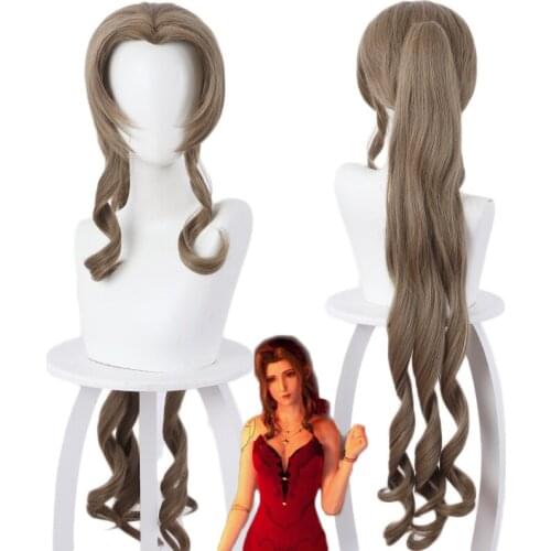 Anime Final Fantasy VII Aerith Gainsborough Women Curl Long Ponytail Wig Cosplay Costume Heat Resistant Synthetic Hair Wigs