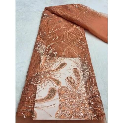 Luxury handmade beaded orange 2021 high quality embroidered with beads and stones french net laces nigerian tulle fabrics