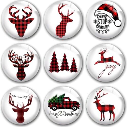 Handmade Merry Christmas deer Buffalo Plaid Round photo glass cabochons demo flat back DIY jewlery Making findings accessory