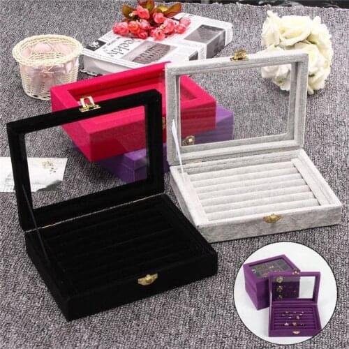 Jewelry box Vintage Velvet Rings Stud Earrings Jewelry Display Tray Storage Box with Glass Lid organizer 2020 New