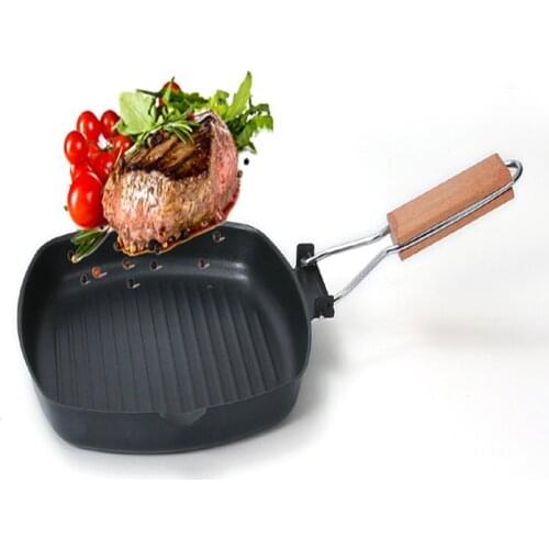 Non-stick Frying Pan For Eggs Ham Wooden Handle Folding Square Grill Pan Portable Steak Frying Pan
