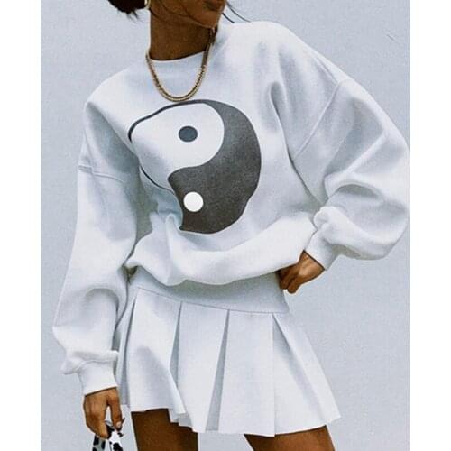 90s Vintage Loose Oversized Hoodie Yin Yang Taiji Print Sweatshirts Women Autumn Long Sleeve O Neck Harajuku Gothic Clothes