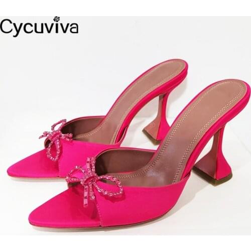 Sexy Cup Heels Crystal Women Slippers Designer Silk Slides Summer Peep Toe Bowknot Gladiator Sandals Ladoes Runway Party Shoes