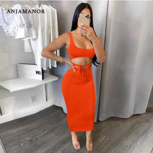 ANJAMANOR Sexy Two Piece Set Maxi Skirt with Crop Top Summer Dress Sets Club Outfits for Women 2021 Wholesale Items D7-CB29