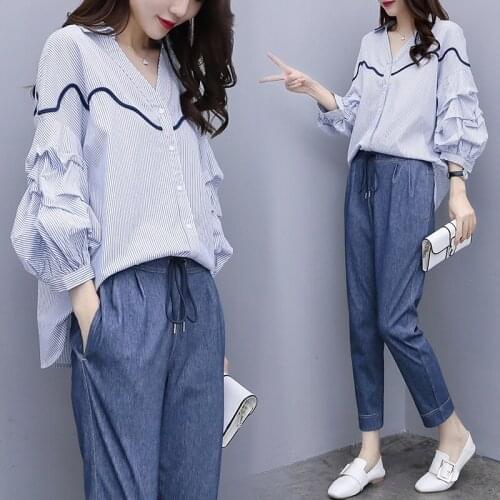 2020 Spring summer womens New suit two-piece fashion lantern sleeve striped shirt + nine pants casual suit female plus size suit