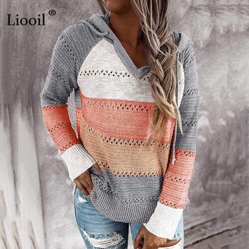 Liooil Casual Knit Hooded Sweater Hollow Out Women 2020 Long Sleeve Patchwork Color Block Loose Female Hoodies And Pullovers