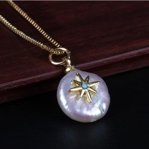 Sky blue cz paved tiny star charm natural coin freshwater pearl bead jewelry dainty gold chain pendant choker necklace for women