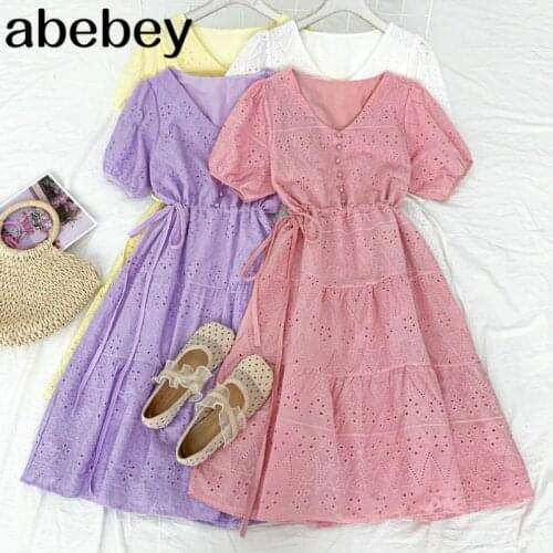 2021 New Summer Temperament All-match V-neck puff sleeve Dress hollow out lace up shirring slim Dress